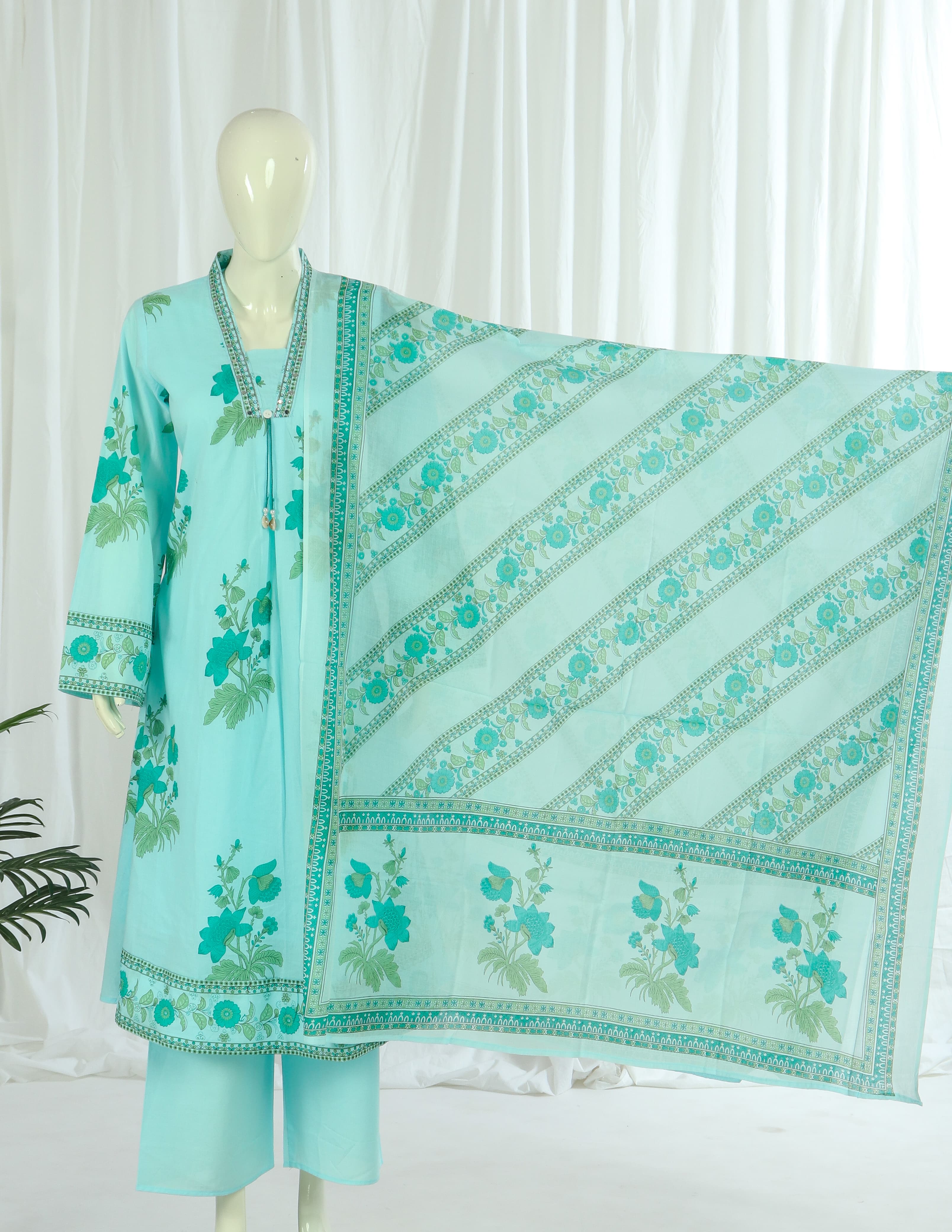 Premium 60-60 Cotton Pakistani Sleeves A-line Anarkali Kurti Palazzo Dupatta With Lining