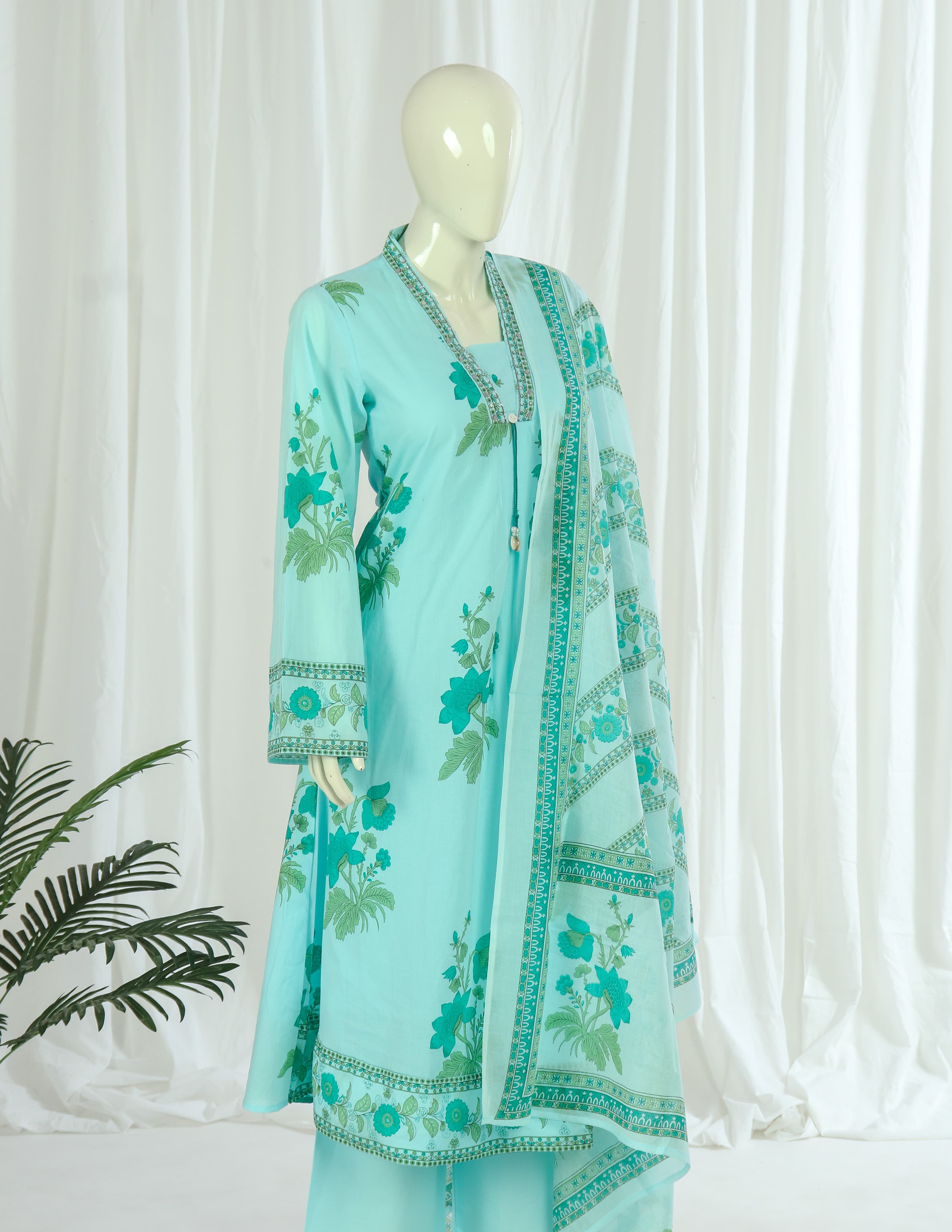 Premium 60-60 Cotton Pakistani Sleeves A-line Anarkali Kurti Palazzo Dupatta With Lining
