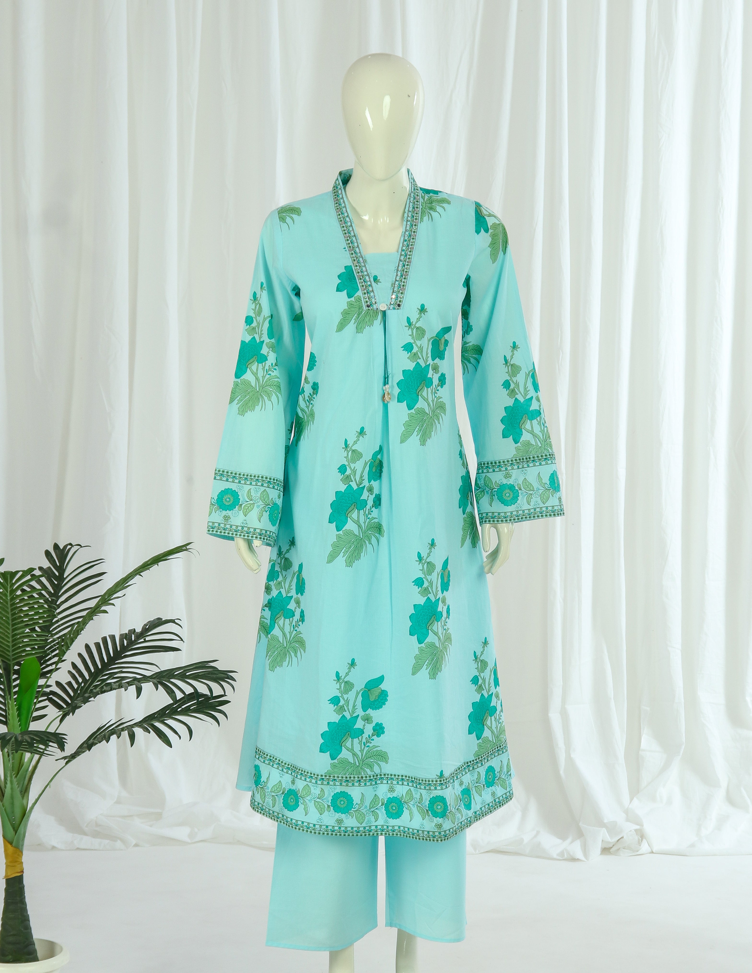 Premium 60-60 Cotton Pakistani Sleeves A-line Anarkali Kurti Palazzo Dupatta With Lining