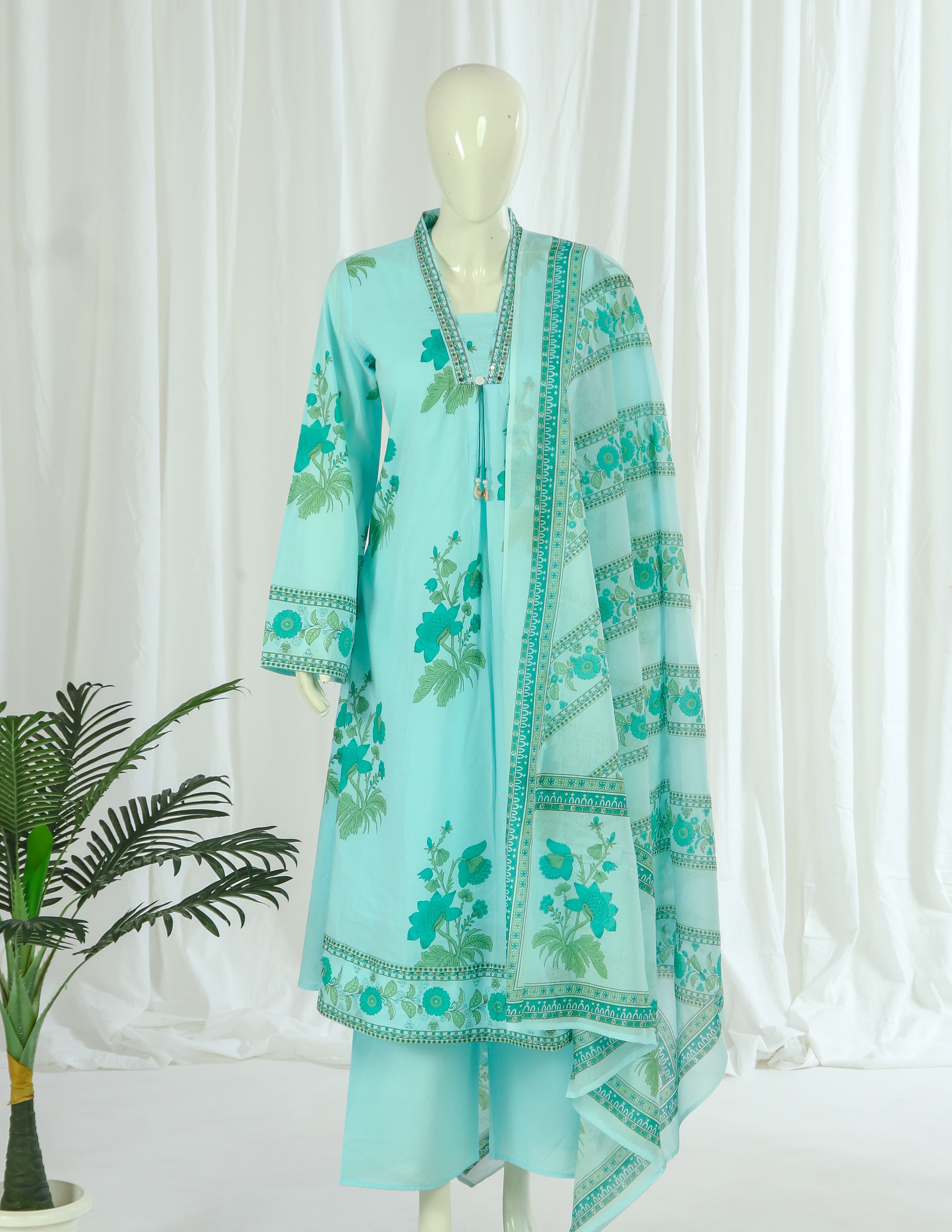 Premium 60-60 Cotton Pakistani Sleeves A-line Anarkali Kurti Palazzo Dupatta With Lining
