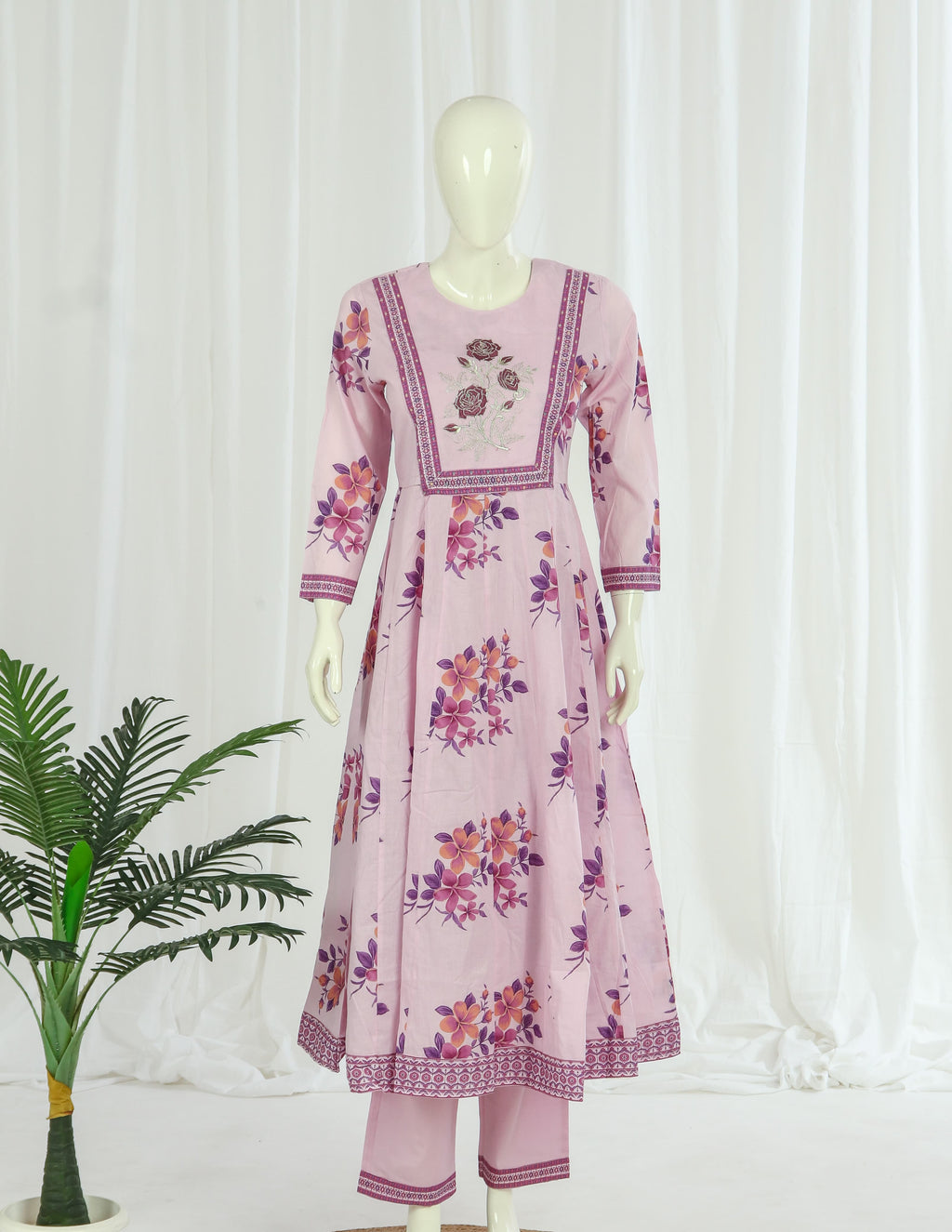 Premium 60-60 Cotton A-line Anarkali Kurti Palazzo Dupatta