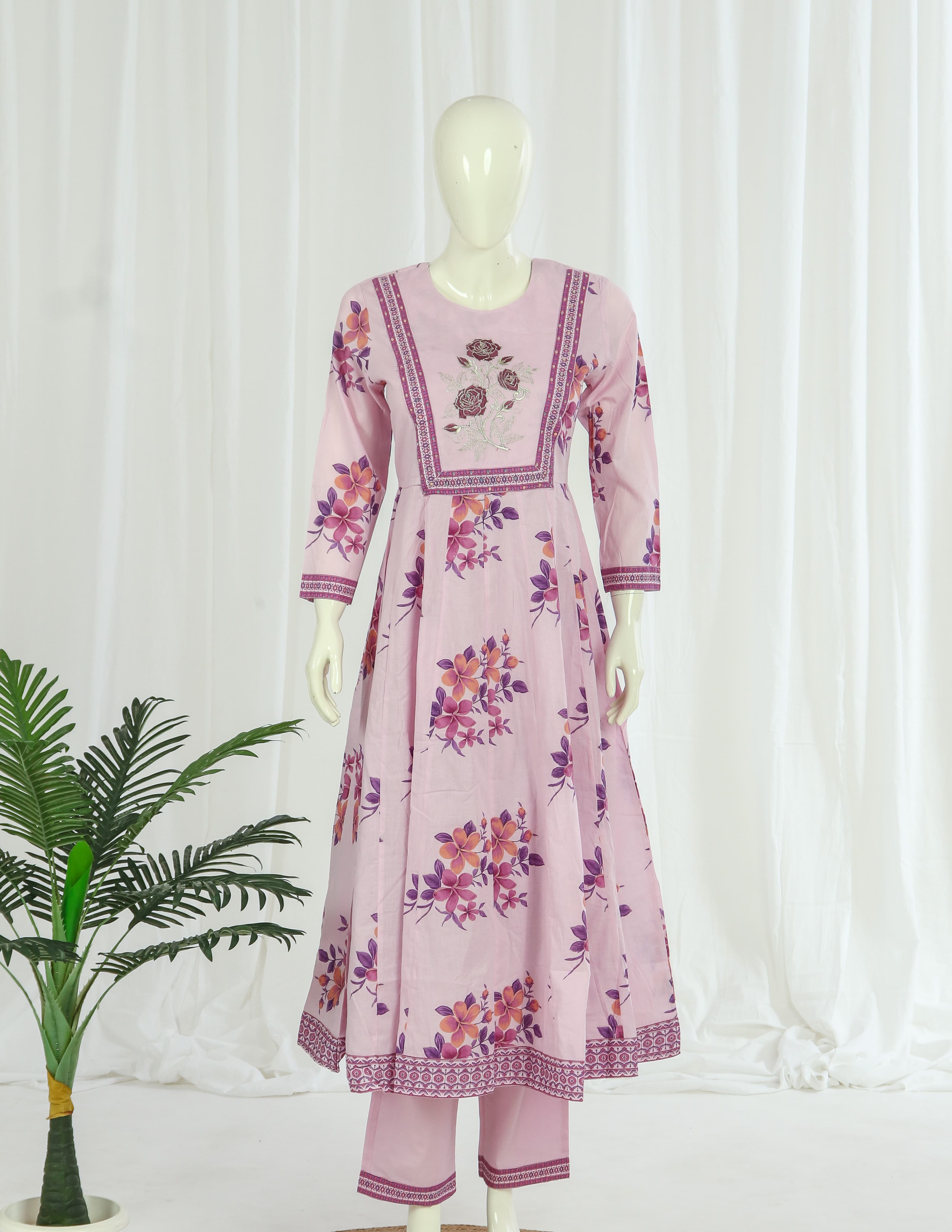 Premium 60-60 Cotton A-line Anarkali Kurti Palazzo Dupatta