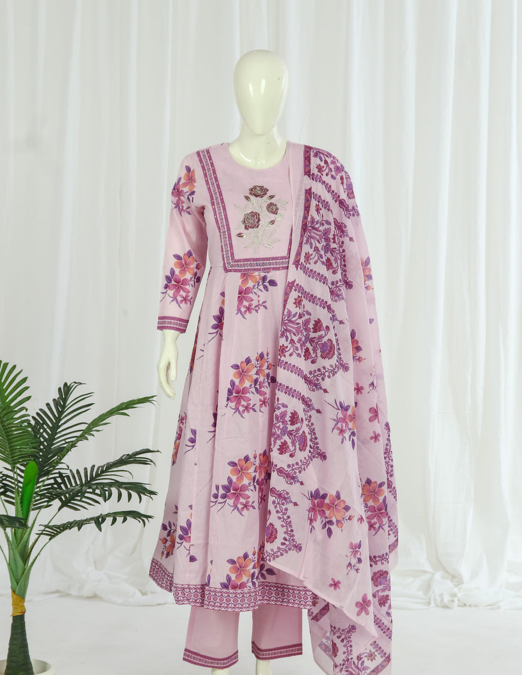 Premium 60-60 Cotton A-line Anarkali Kurti Palazzo Dupatta