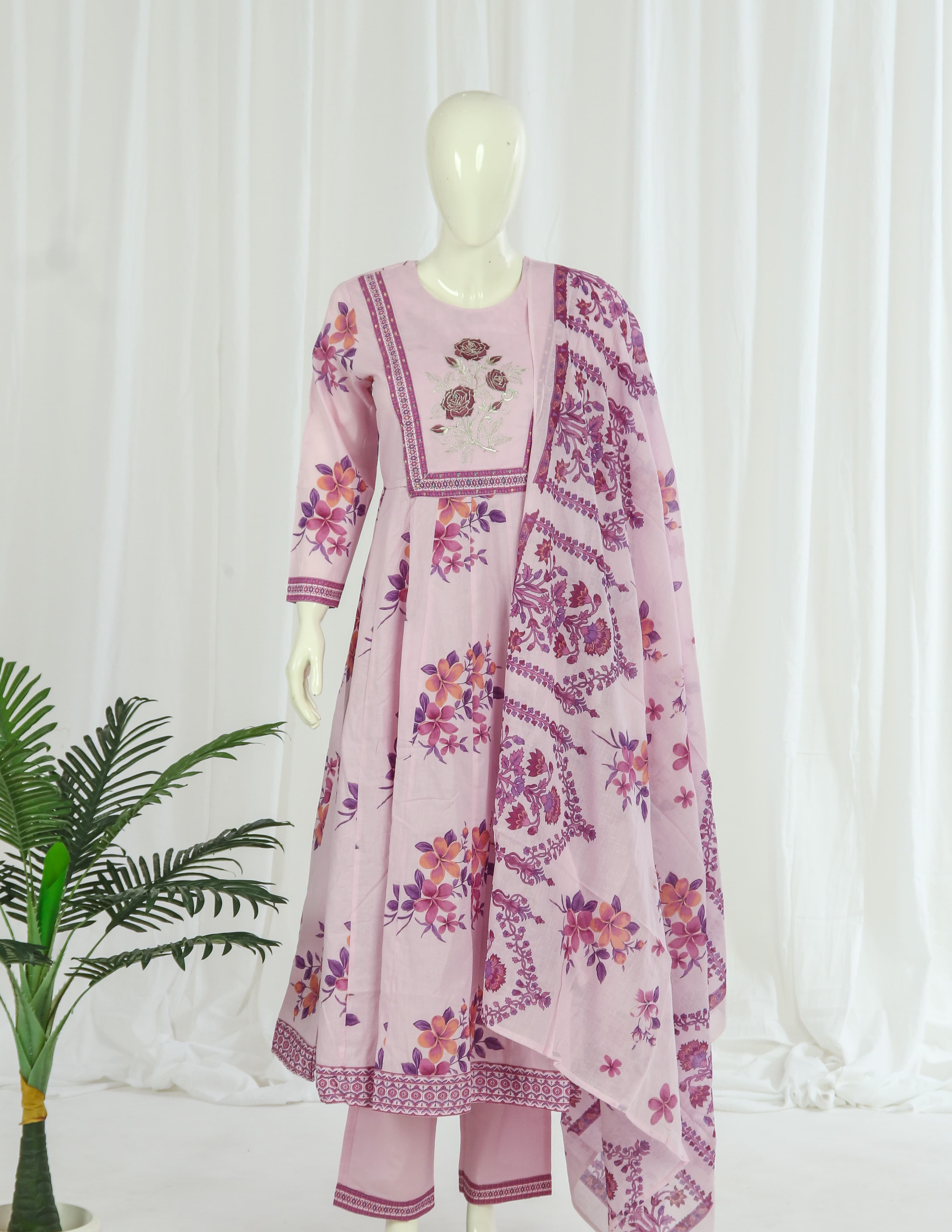 Premium 60-60 Cotton A-line Anarkali Kurti Palazzo Dupatta