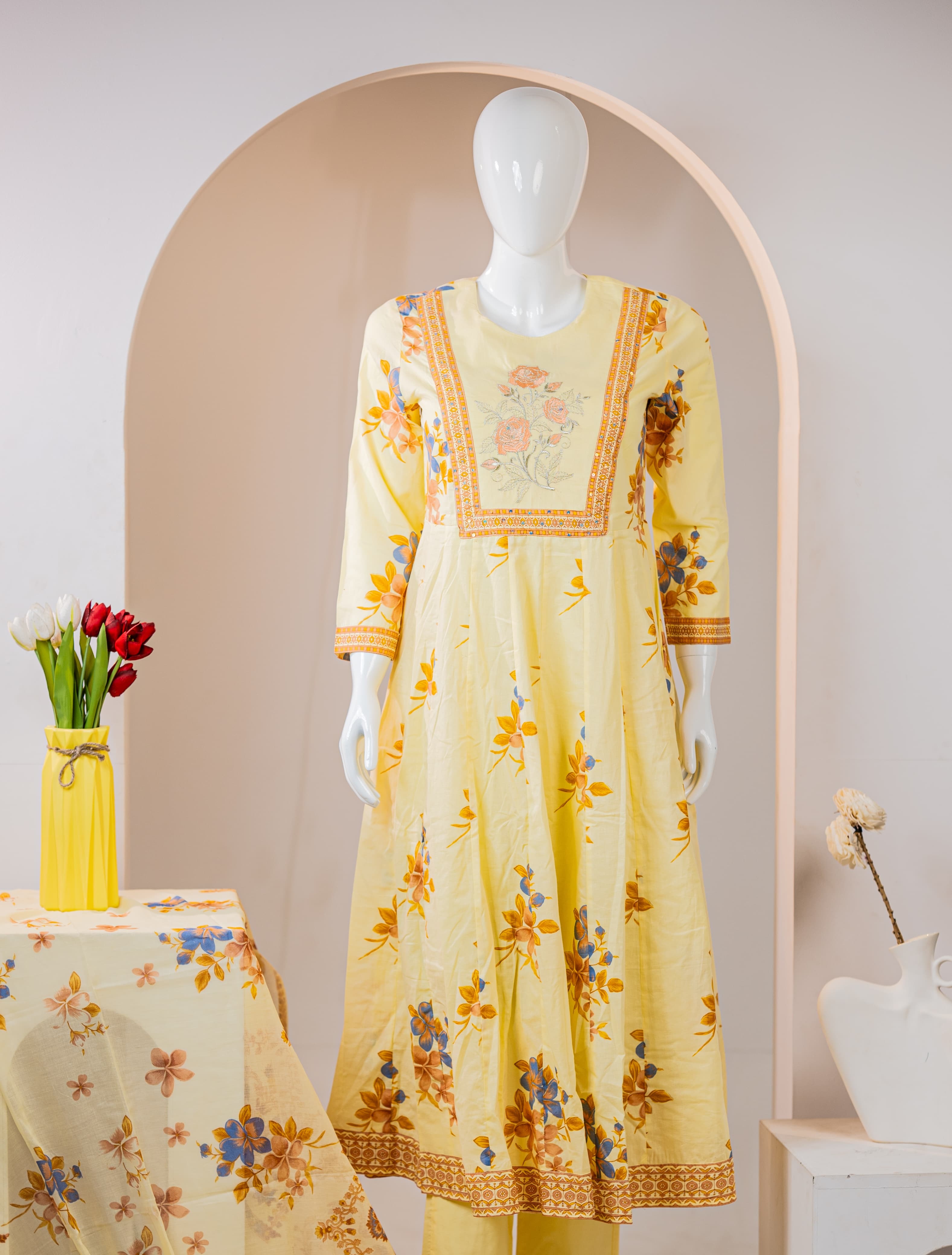 Cotton Anarkali Kurti Pant Dupatta With Lining