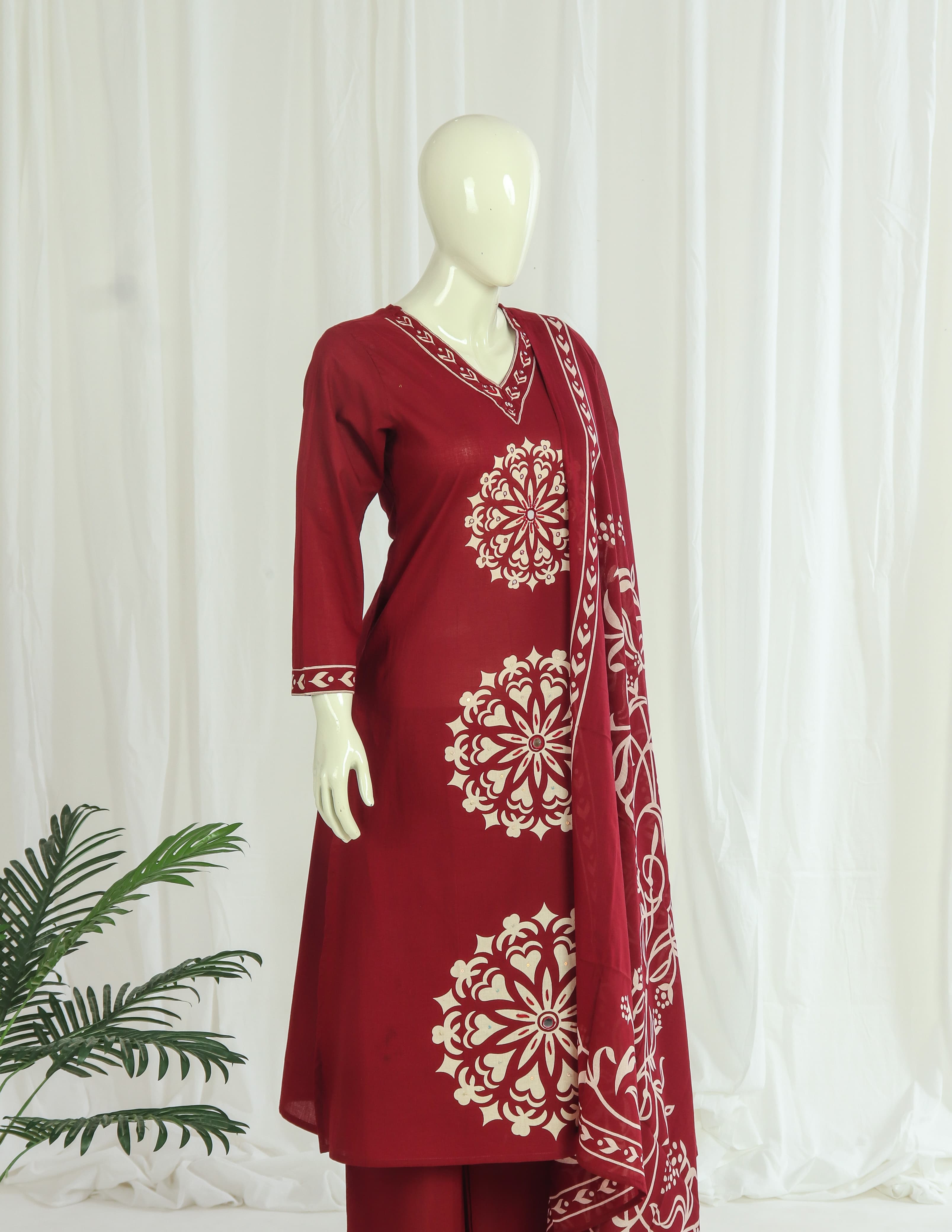 Cotton A-line Side-Slit Kurti Palazzo Dupatta