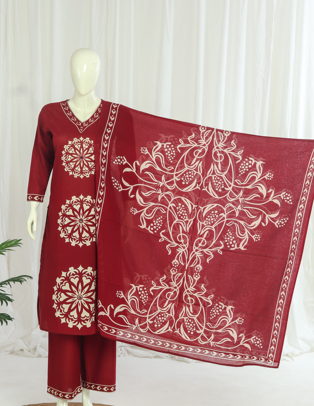 Cotton A-line Side-Slit Kurti Palazzo Dupatta