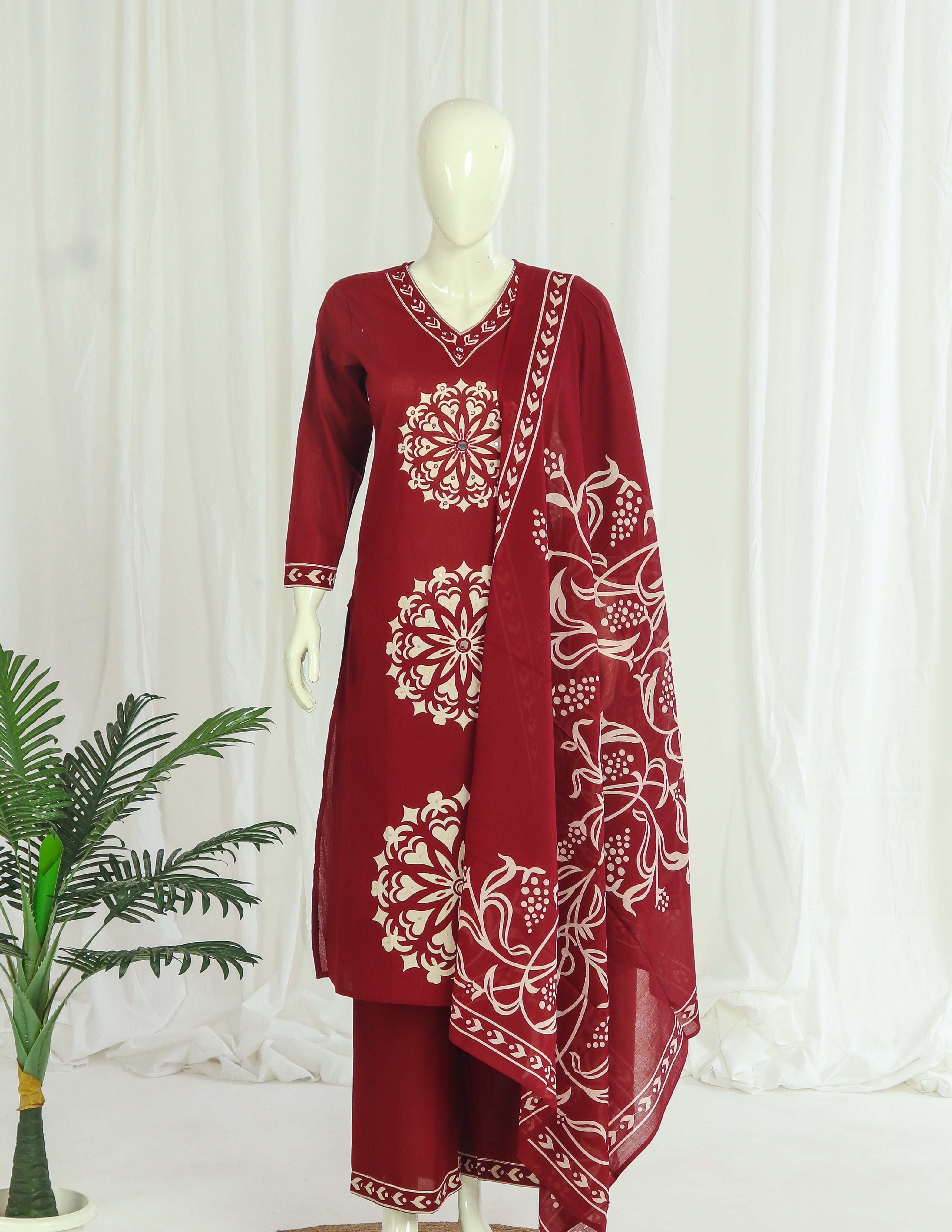Cotton A-line Side-Slit Kurti Palazzo Dupatta