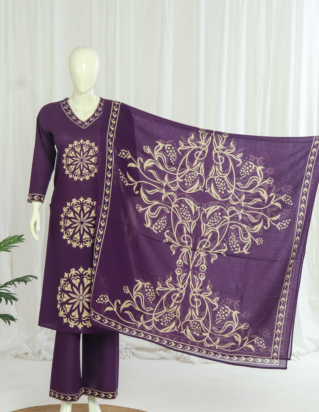 Cotton A-line Side-Slit Kurti Palazzo Dupatta