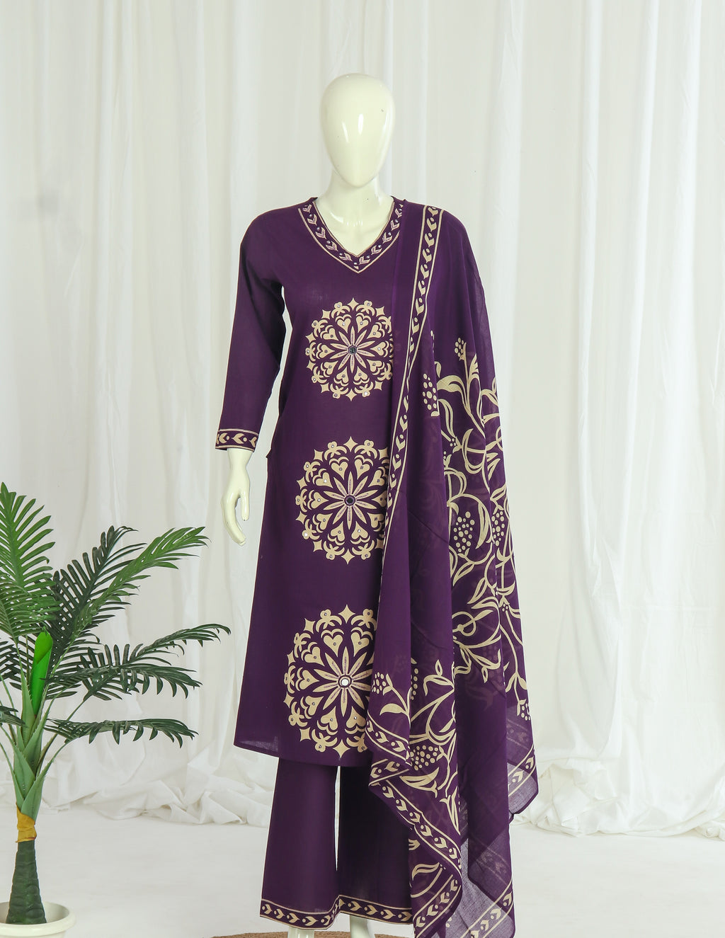 Cotton A-line Side-Slit Kurti Palazzo Dupatta