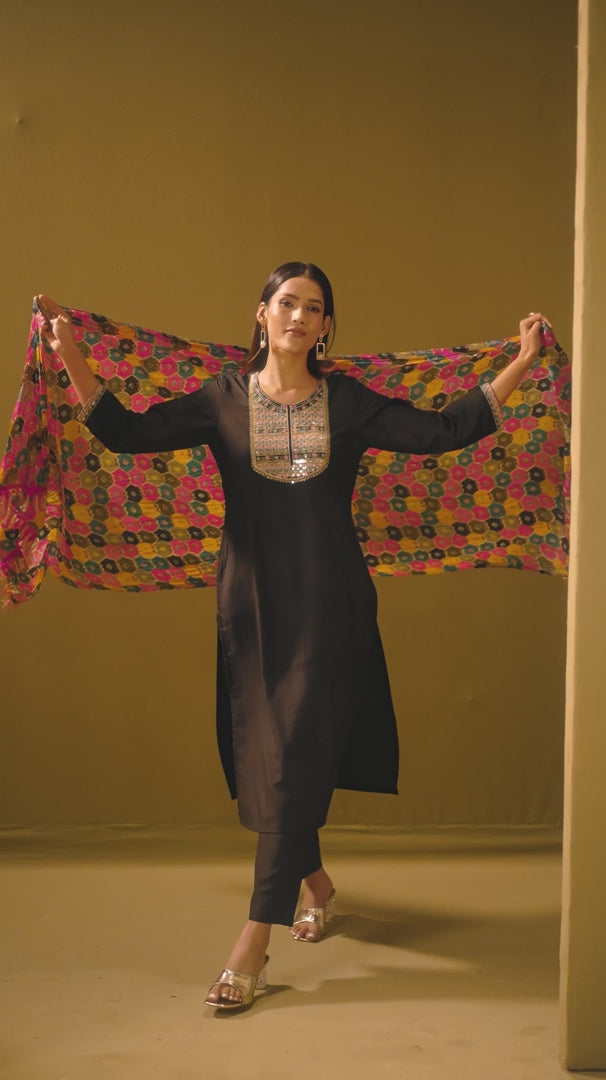Women's Black Cotton Blend Embroidered Straight Kurta Set Multicolor Chinon Patola Printed Dupatta Set