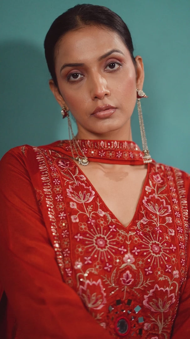 Rust Silk Blend Embroidered and Mirror work Straight Kurta Set with Choker Net Dupatta