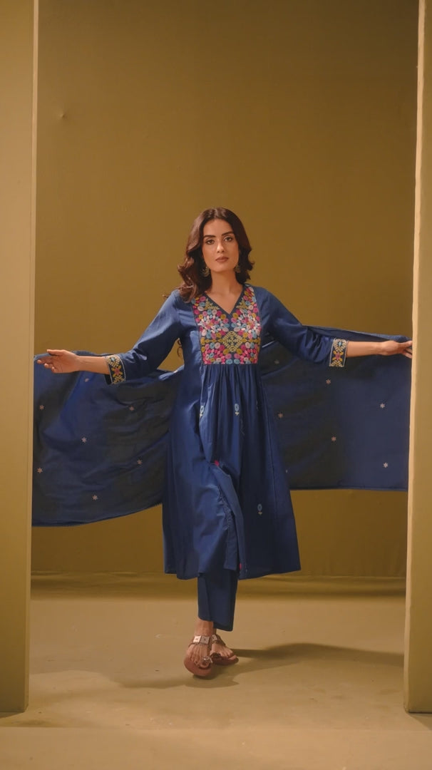 Women's Navy Blue Pure Cotton Embroidered Kurta Set with Dupatta