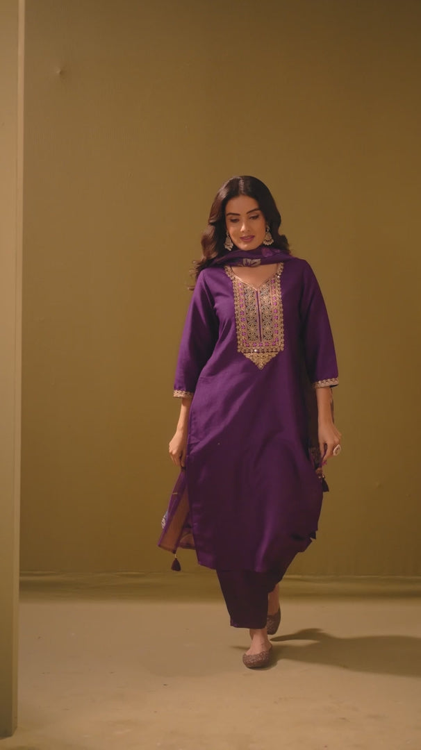 Women's Designer Wine Cotton Blend Embroidered Straight Kurta with Pant and Organza Jacquard Printed Dupatta Set